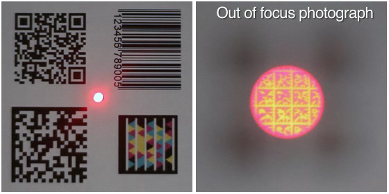 A composition of two photos side by side, to the left four different 2D data codes with a glowing red dot in the middle. To the right seemingly the same photo, but, as denoted by text, an out of focus photo. The red light cone is much larger and it is revealed that it contains a whole bunch of 2D data matrices by itself. 