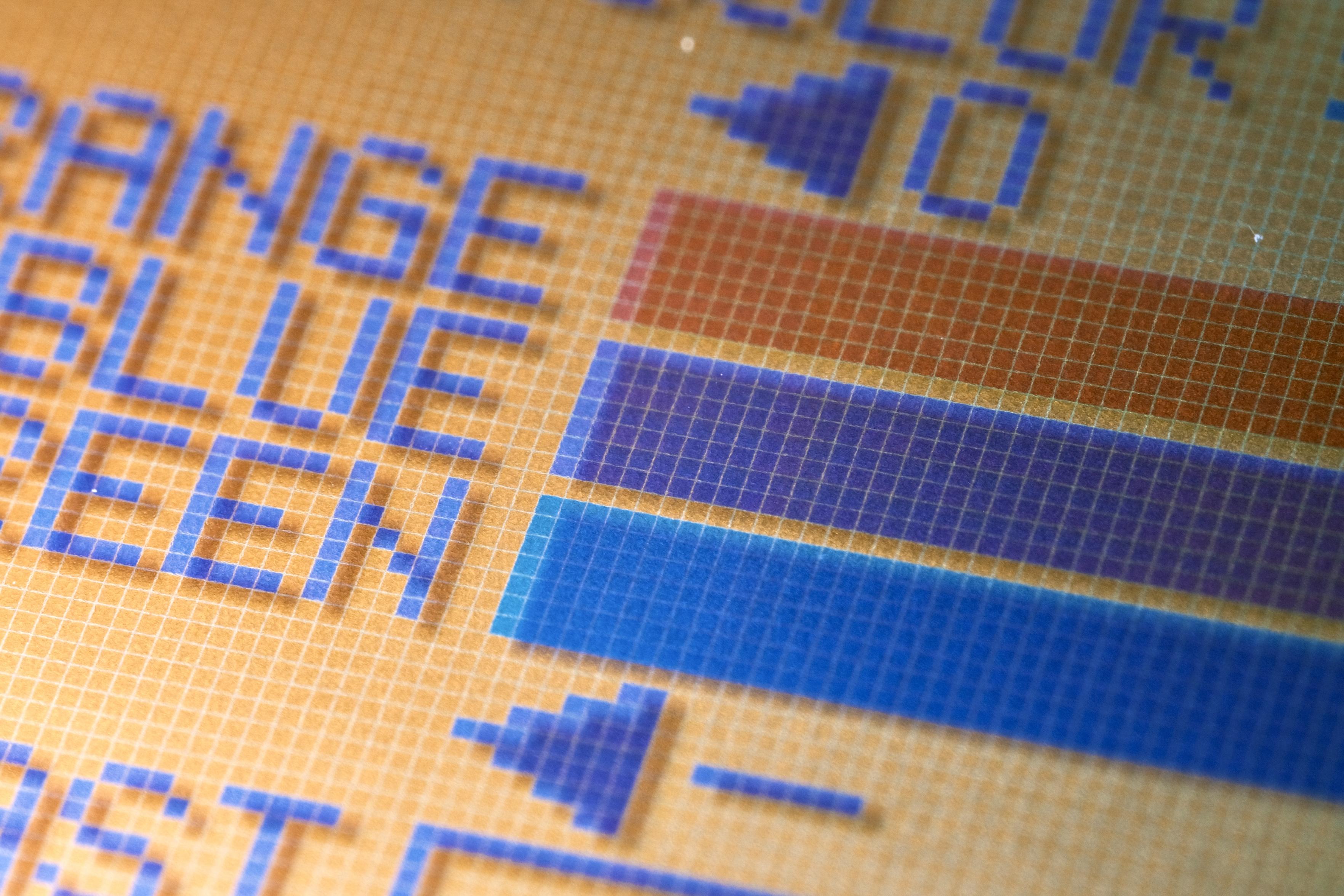 A closeup of three coloured bars, one red, one blue and the last one cyan. They seemingly are contrast adjustment bars, labelled Orange Blue and Green