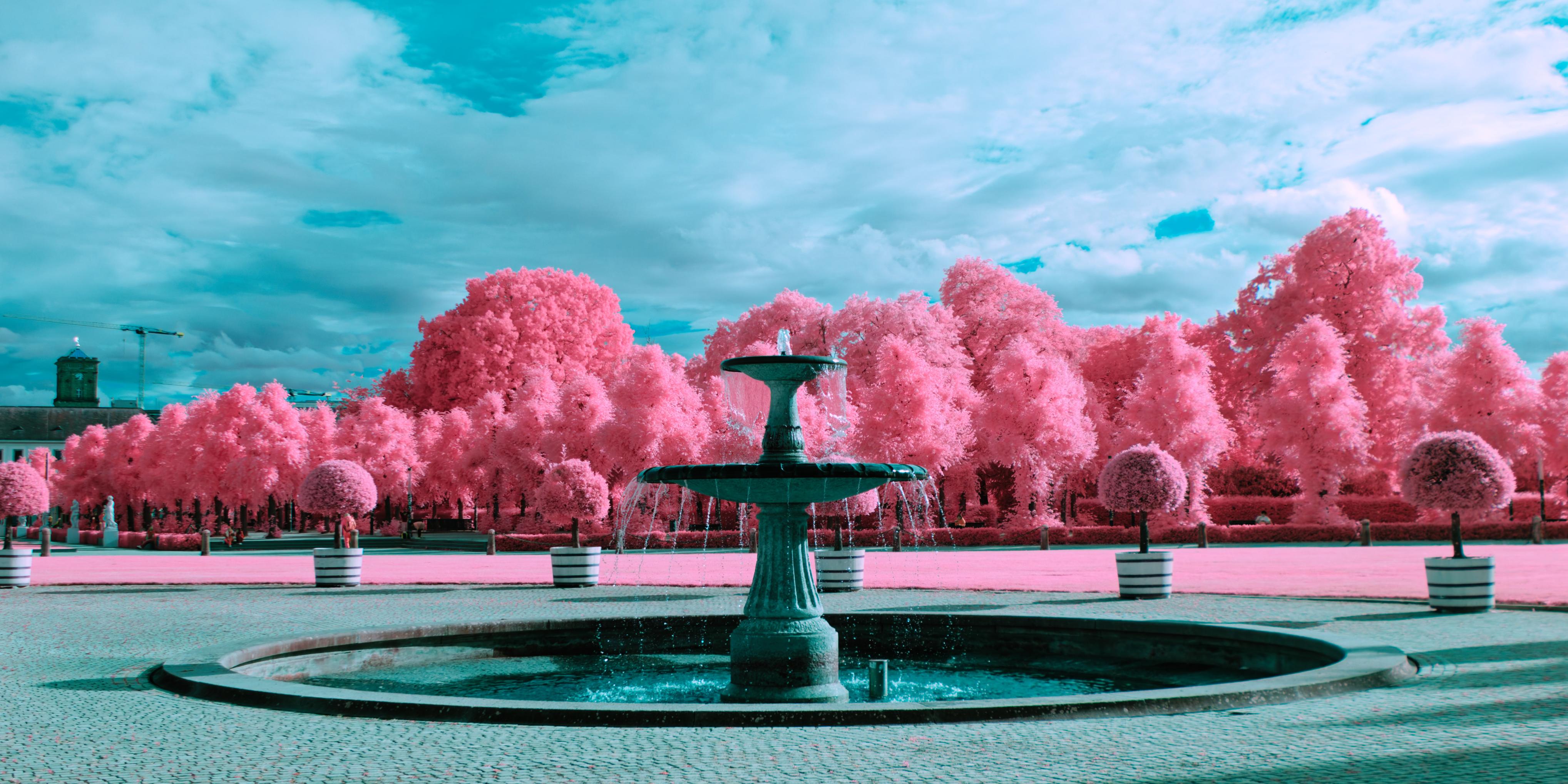 A wide angle shot of a water feature, an old fountain made of several round plates with water running down. The ground beneath has a green tint, there are potted small trees surrounding the cobblestone ground, framing a lawn. In the distance a line of trees reaches into the clouded and turquoise sky. All foliage is bright pink