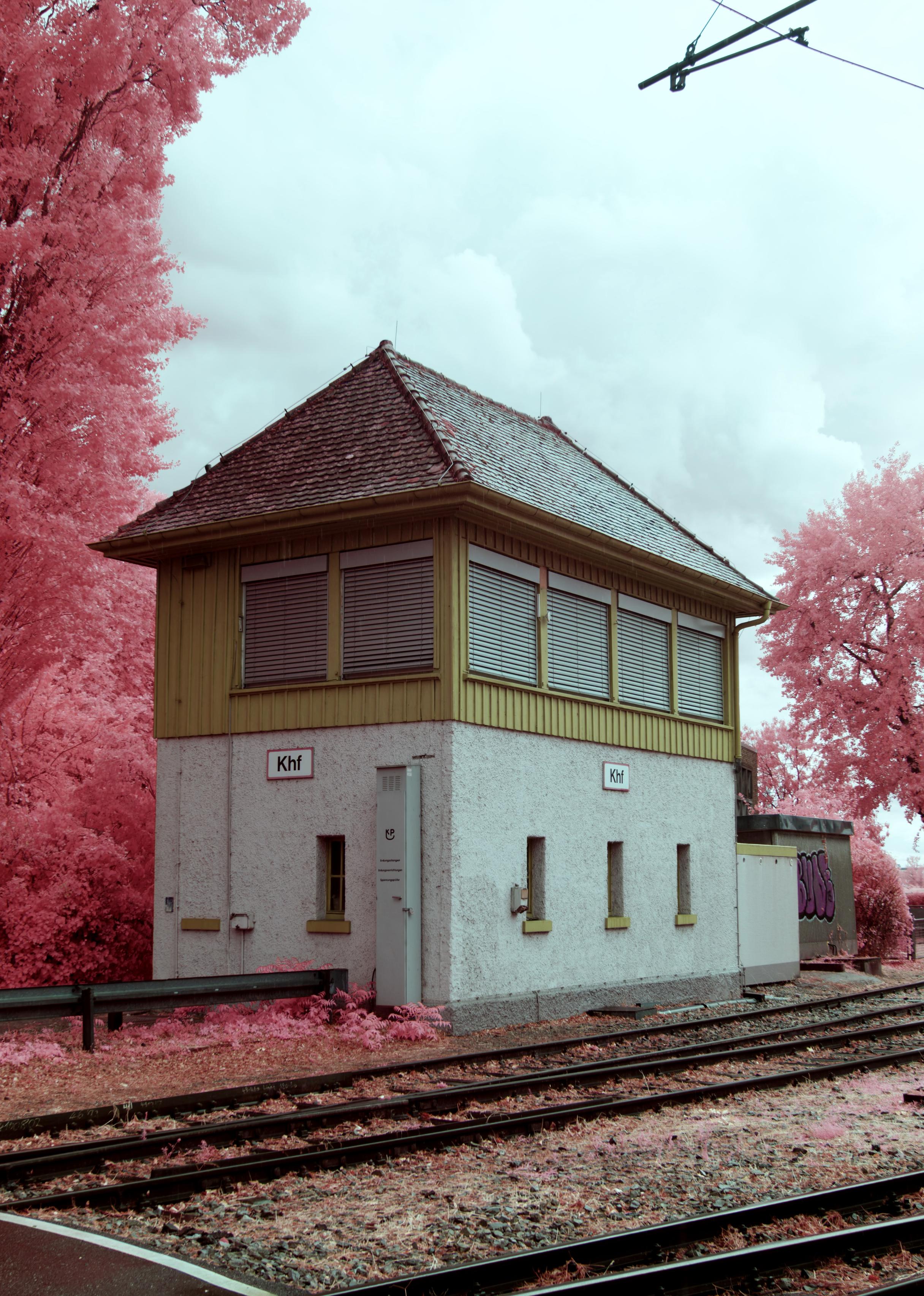 A photo of the hut from the train tracks. Its upper floor has windows and seems to be made of wood. Almost like a danish house, just yellow instead of red, there’s an image filling tree to the left it is bright pink. To the right as well. One can make out the tracks at the bottom and a bit of powerline at the top